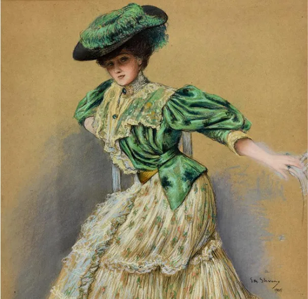Gustave-Max Stevens, Jeune fille en robe verte, 1905. Dessin au pastel et à la craie noire © Musée d'Ixelles